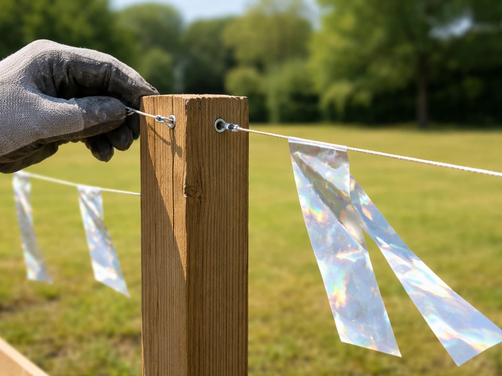 Gloved hands secure reflective tape to a fence post in sunny, open outdoor light; string is taut.