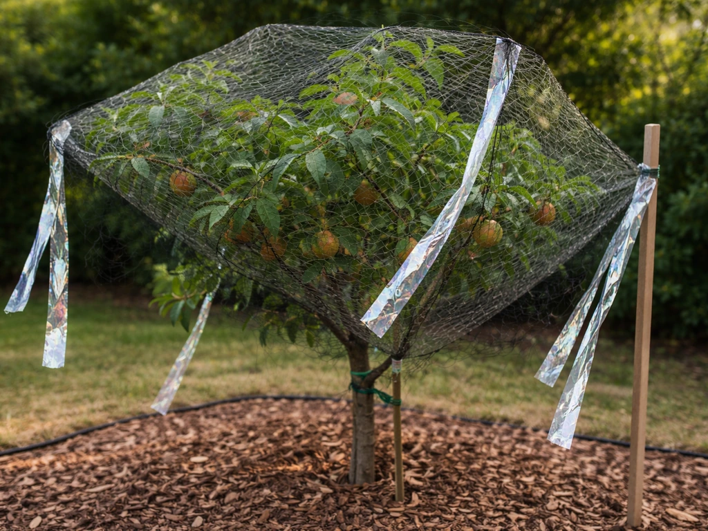 Reflective tape attached to bird netting on a fruit tree in a quiet backyard garden.