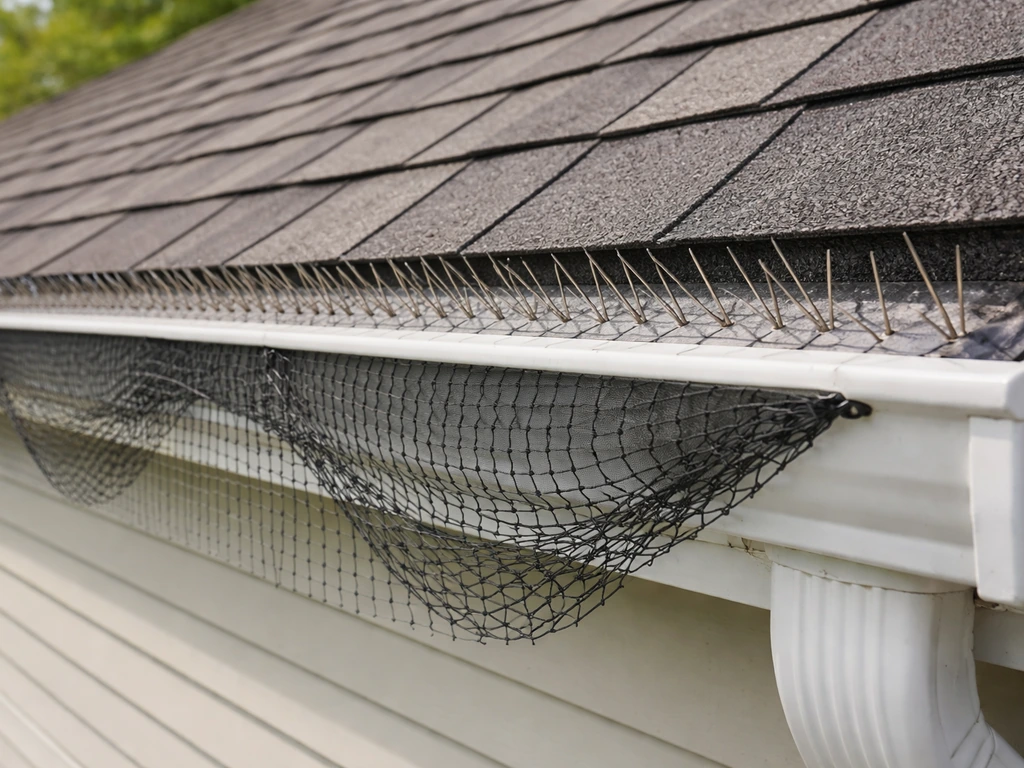 Residential roof edge and gutterline with installed bird spikes, netting, and sealed gaps to deter birds.