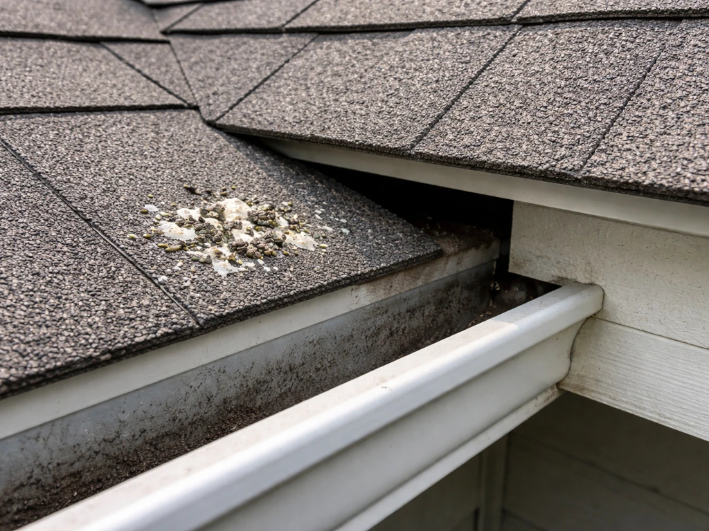 Close-up roof edge with bird droppings concentrated near a roost/perch point and nearby entry gaps