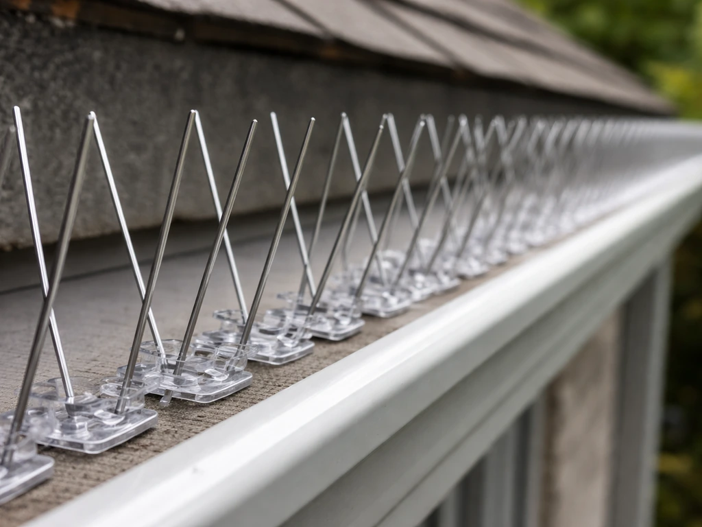 Close-up of metal bird spikes installed along a gutter edge, individual spikes clearly visible.