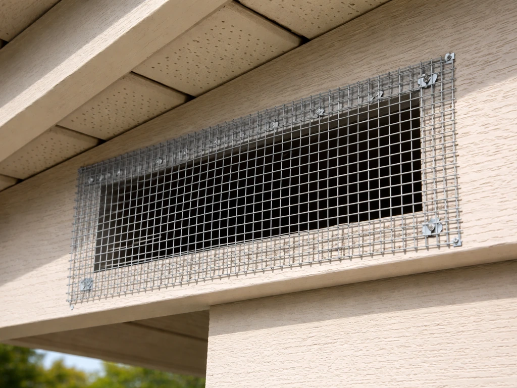 Hardware cloth neatly covering an attic vent/soffit opening to block bird entry.