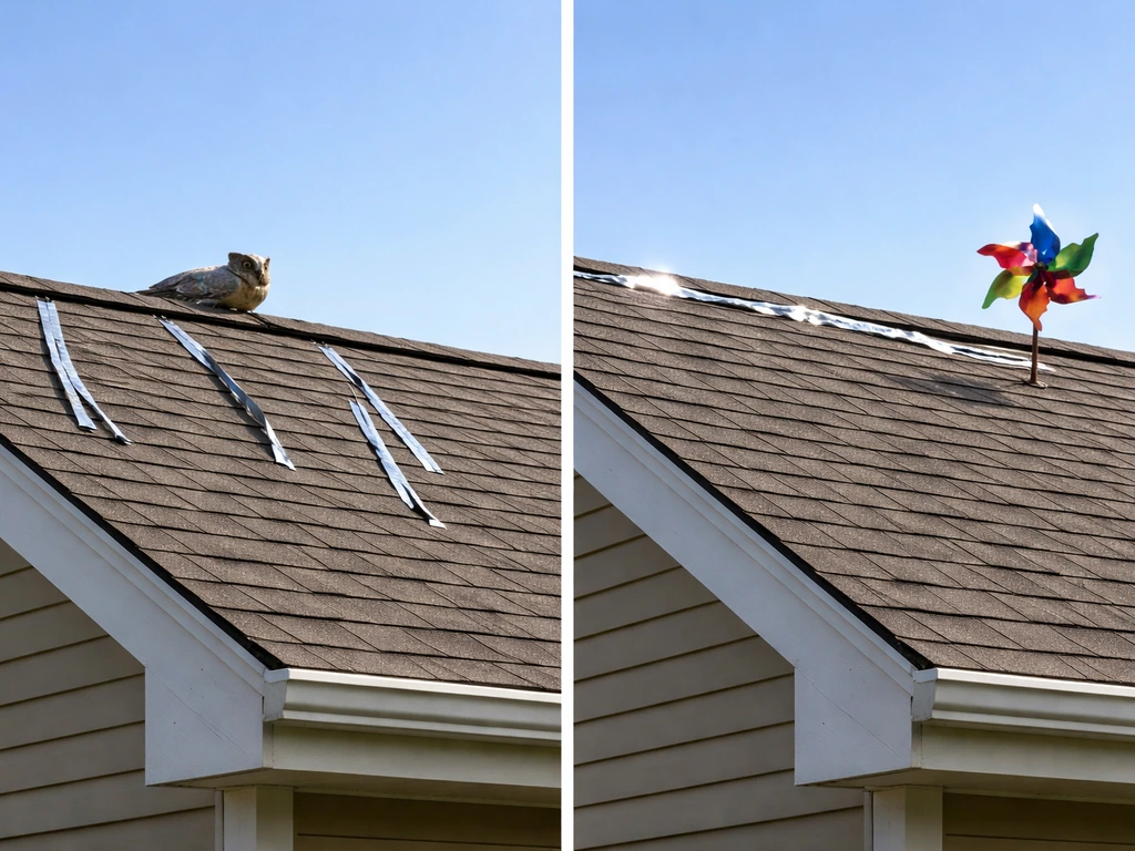 Roofline with one side showing static reflective tape and a decoy, and the other showing properly deployed motion deterr