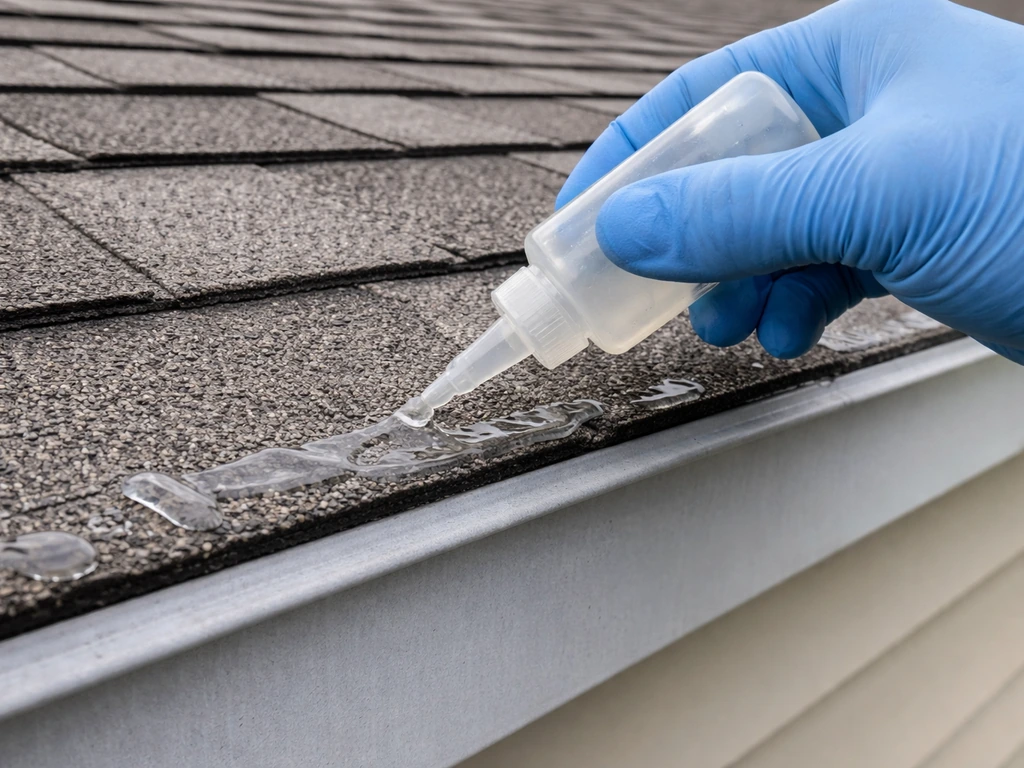 Gloved hand applying clear bird repellent gel onto a roof edge with no birds visible.