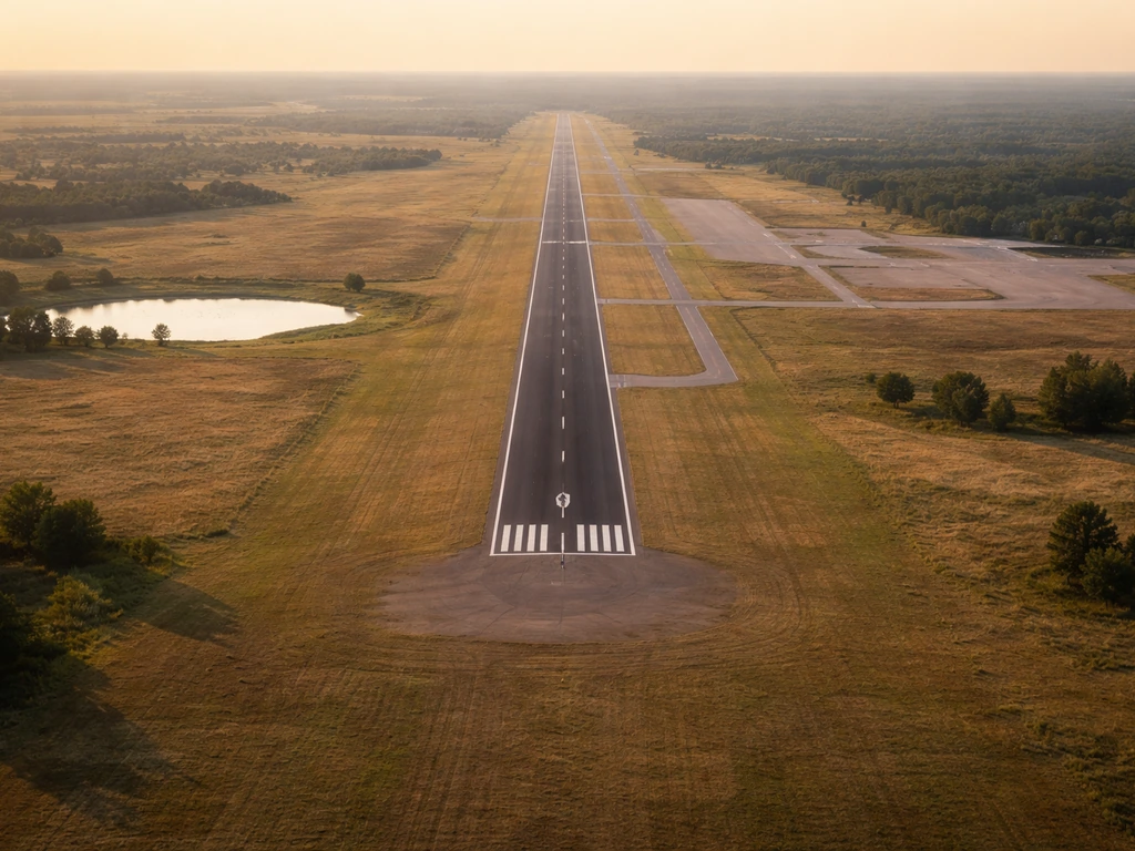 Aerial view of an airport runway approach with nearby fields and water showing potential bird-risk hotspots.