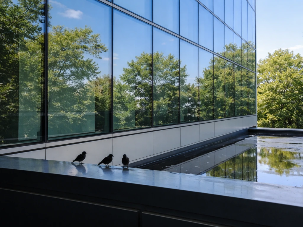 Close-up of reflective glass mirroring sky and trees, with birds perched near an open ledge and rooftop puddle.