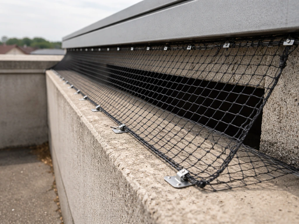 Bird-proof barrier mesh netting secured along a roof edge to prevent roost access.