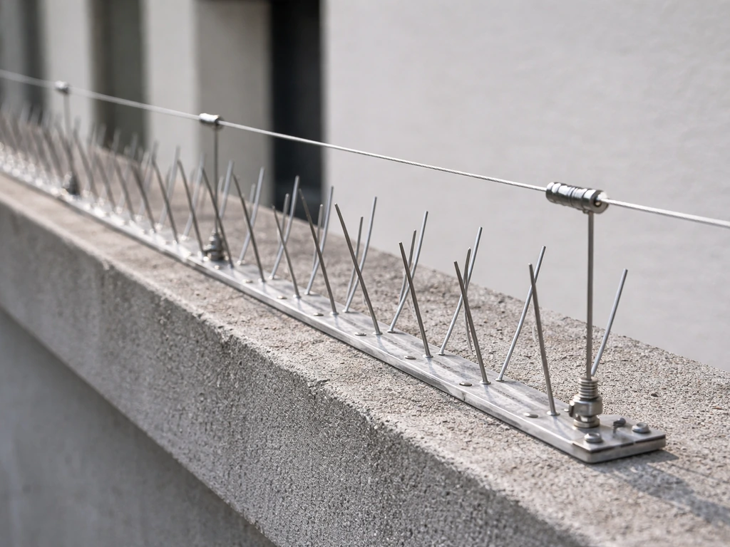 Bird spikes and a simple wire/grid anti-roost system installed along a concrete ledge edge.