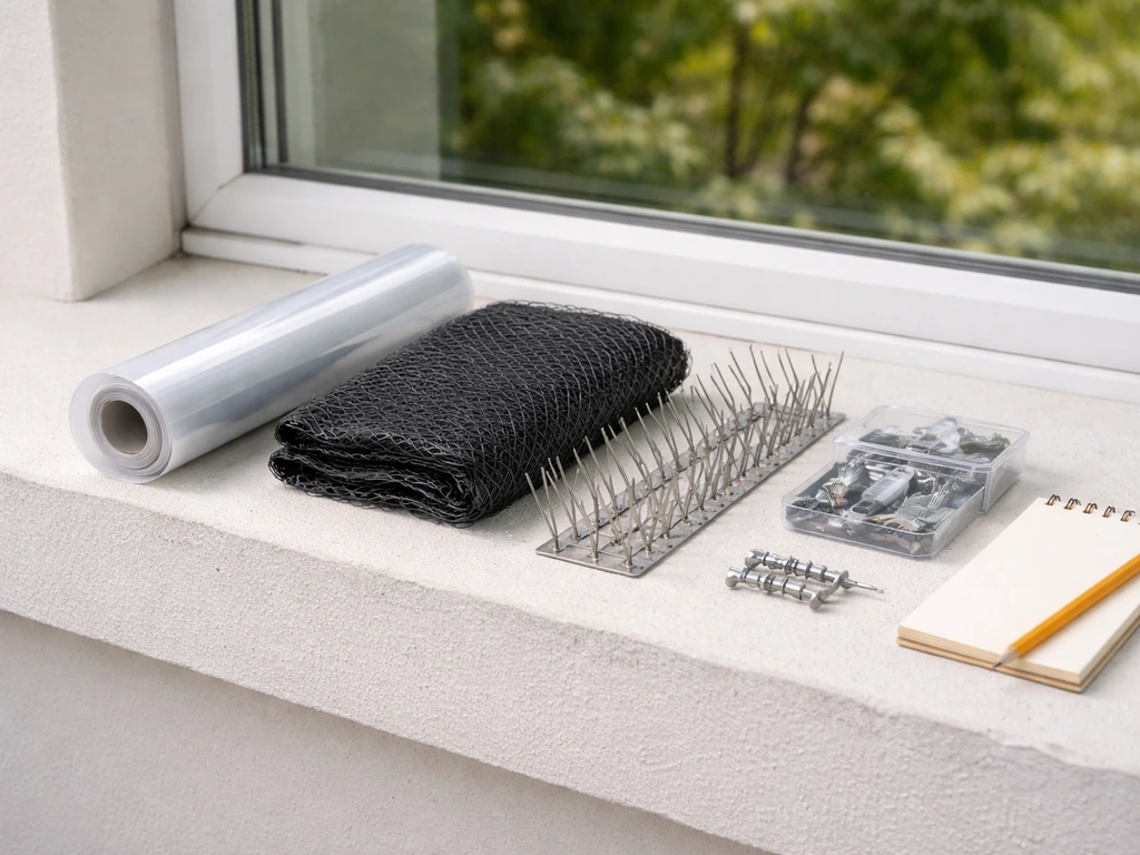 Bird deterrent tools and a notepad on a windowsill for a step-by-step prevention plan.