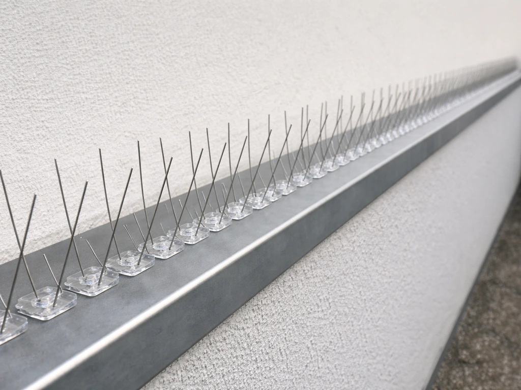 Stainless steel bird spikes installed along a building ledge to deter roosting, outdoors at daylight.