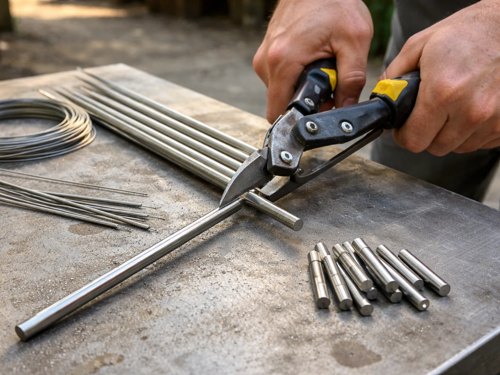 Hands cutting stainless steel wire rods for DIY bird spike pieces on a simple outdoor bench.