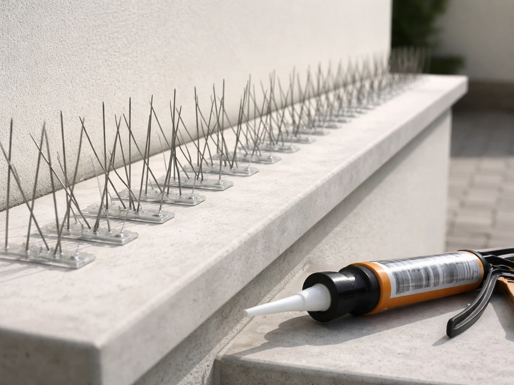 Stainless steel bird spike strips laid along a ledge edge, ready to install with supplies nearby.