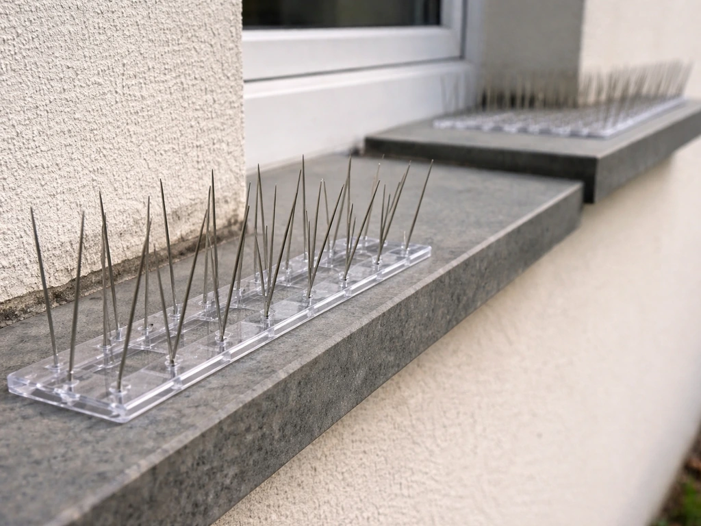 Close-up of bird spike strips on a window ledge, one flush with the outer edge and one too far back.