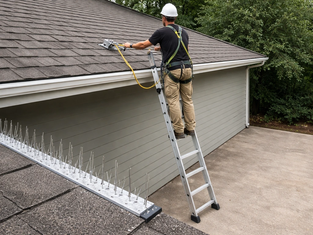 Person using a properly placed ladder on stable ground, wearing safety shoes near a roof spike line