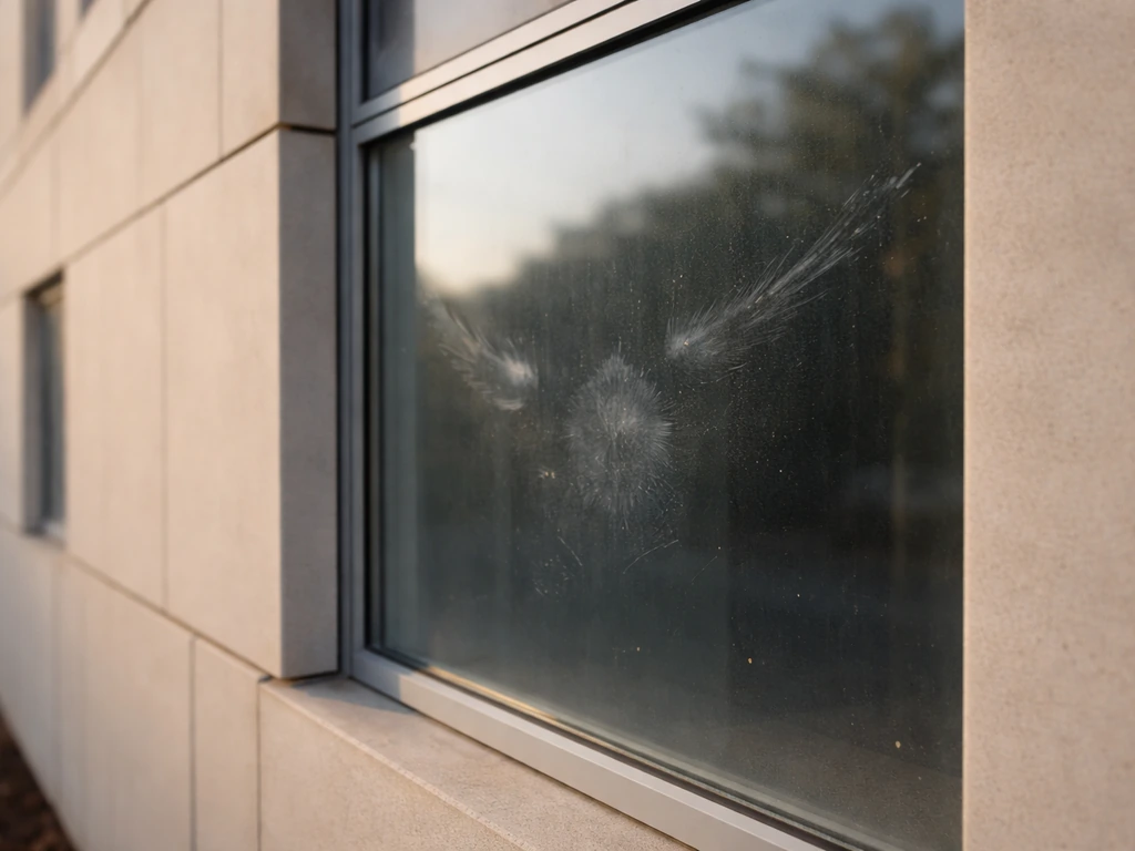 Morning outdoor inspection of a window with visible smudge prints, feather-like impact marks, and small debris.