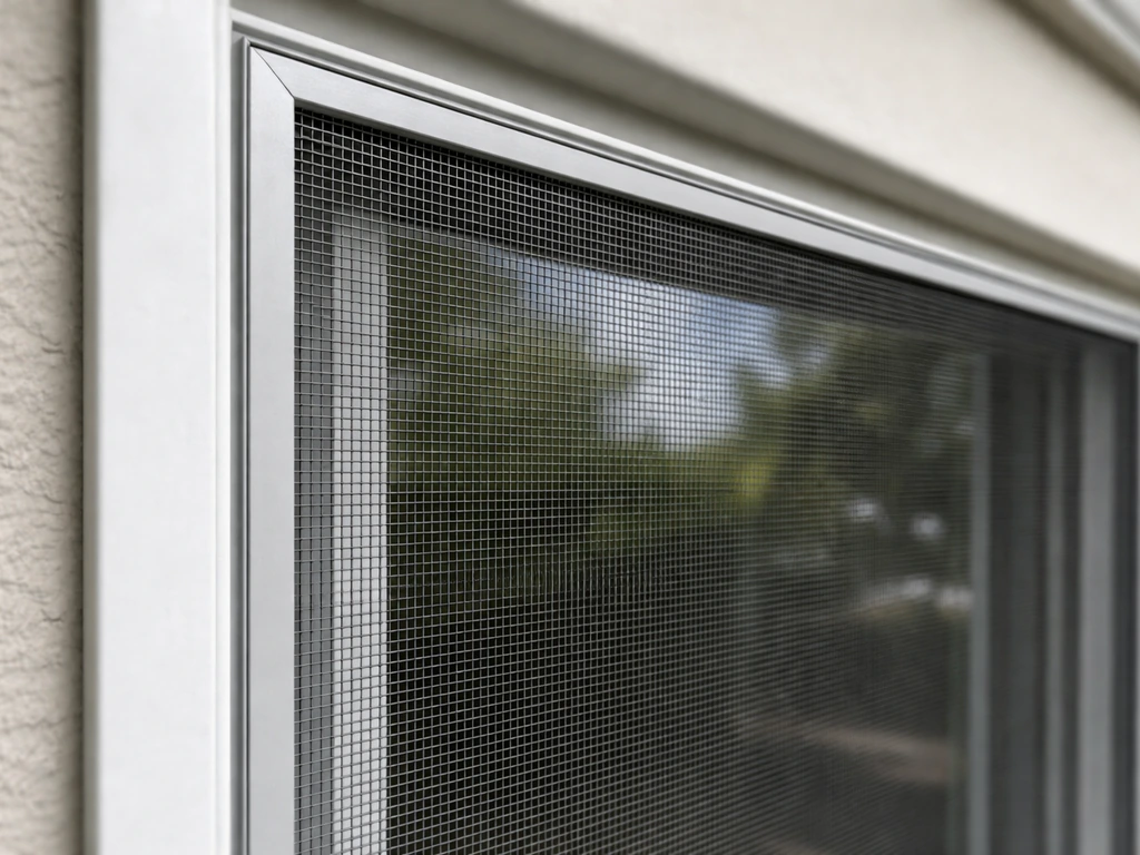 Close-up of a tight-mesh exterior insect screen covering a hazardous window near the frame