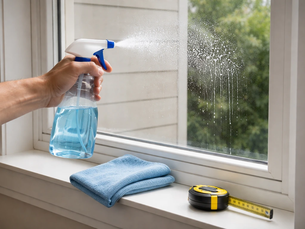 Hands cleaning a window’s exterior glass with spray and microfiber cloth, tape measure on the sill.