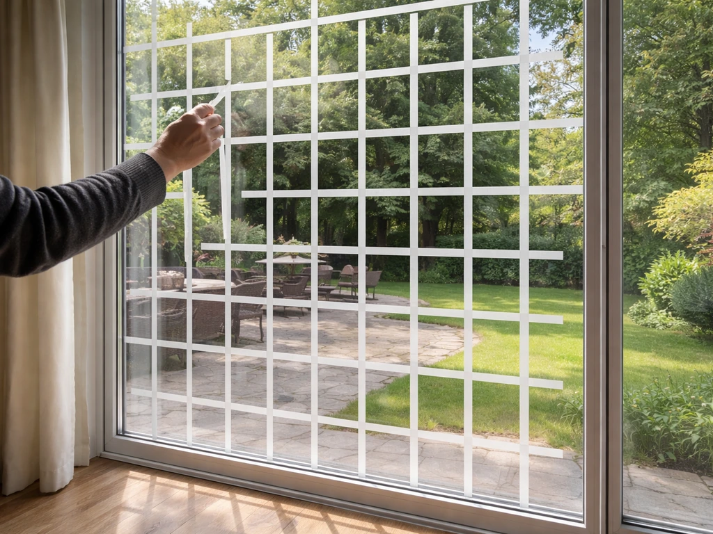 Hand applies evenly spaced bird-prevention tape in a grid pattern on the exterior of a large glass wall.