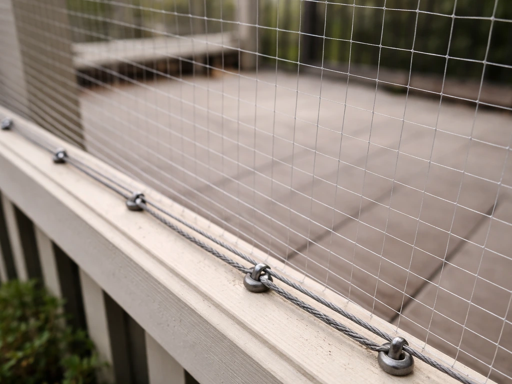 Tensioned bird netting and anchored cable installed over an outdoor patio opening