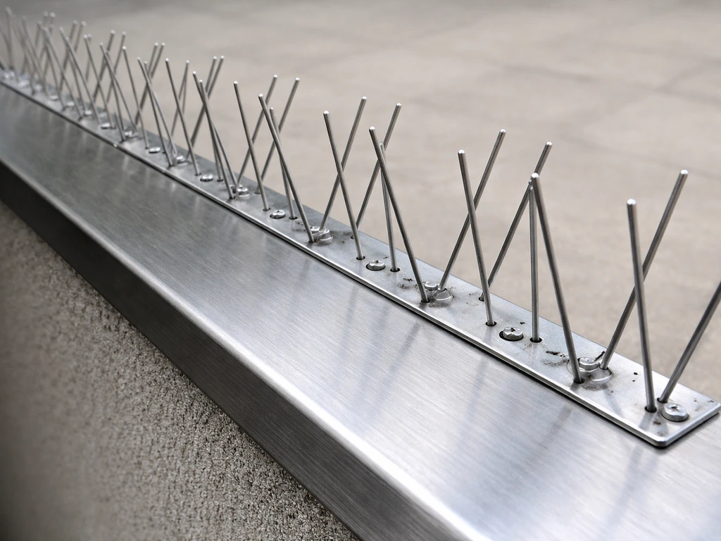 Close-up of stainless bird spikes installed along a patio rail/ledge edge, showing the blunted landing surface.