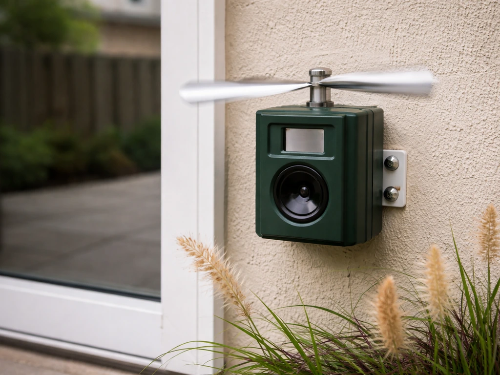 Motion-activated deterrent unit spinning on a patio near outdoor plants, daytime light.