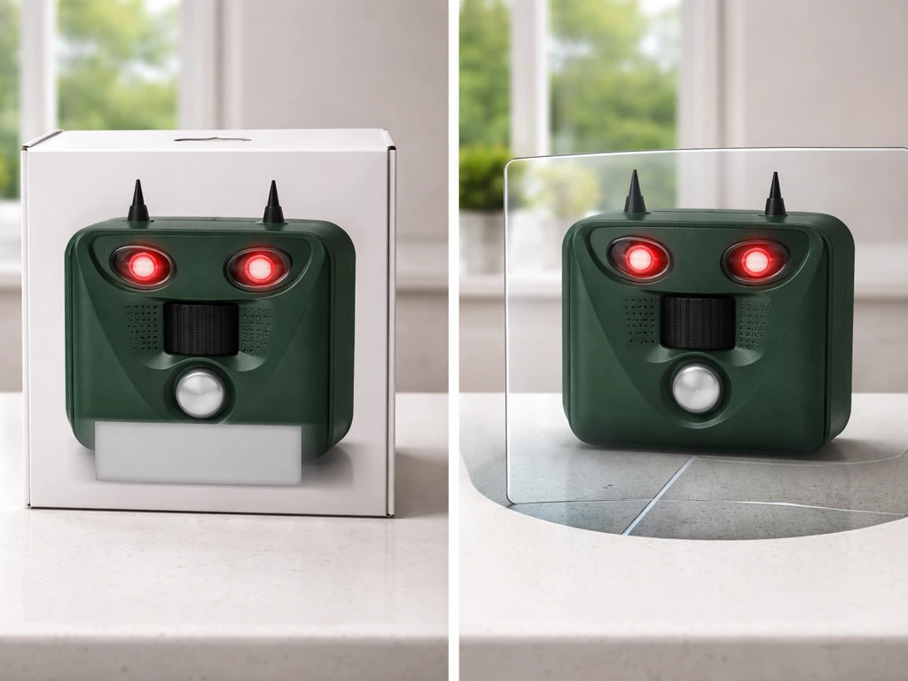 Close-up comparison of an ultrasonic bird repeller package beside a shaded caution area to suggest skipping it.