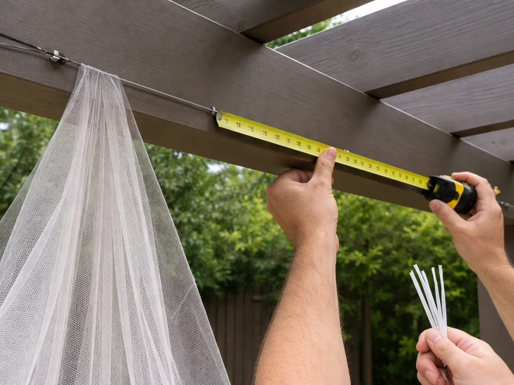 Hands measure a pergola with tape while a perimeter cable is tensioned for installing protective netting.