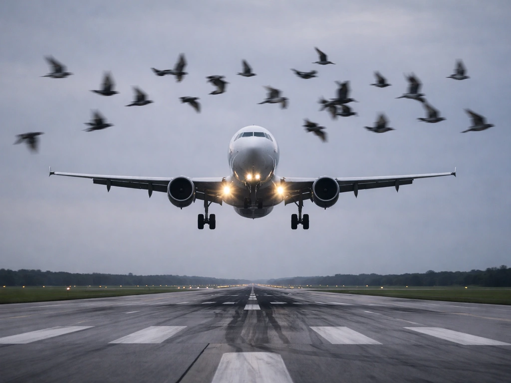 Commercial jet just above the runway with a flock of birds in its approach path.