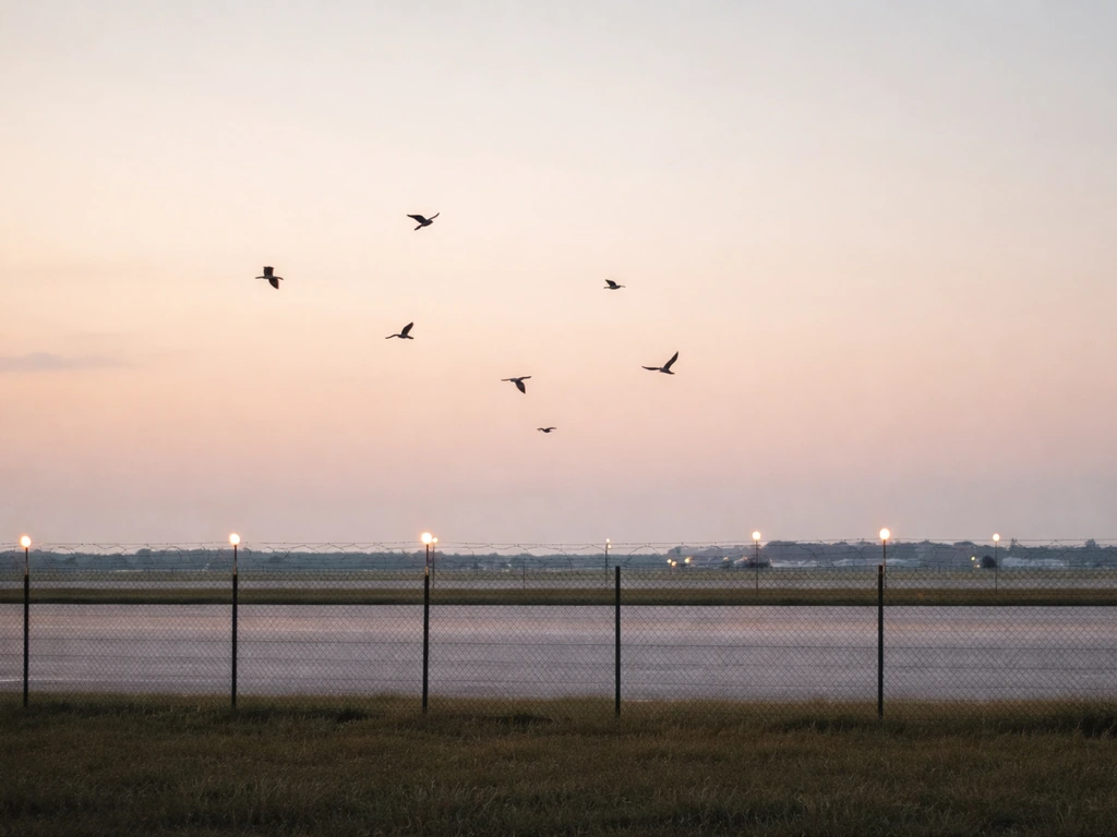 Birds flying near an airport perimeter fence with runway lights in the background at dusk.