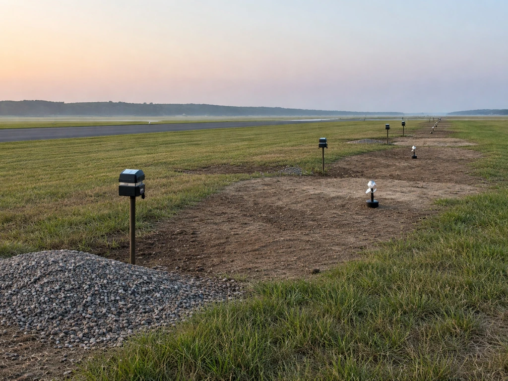 Airfield edge showing trimmed habitat and multiple spaced bird-deterrent devices in natural dawn light.