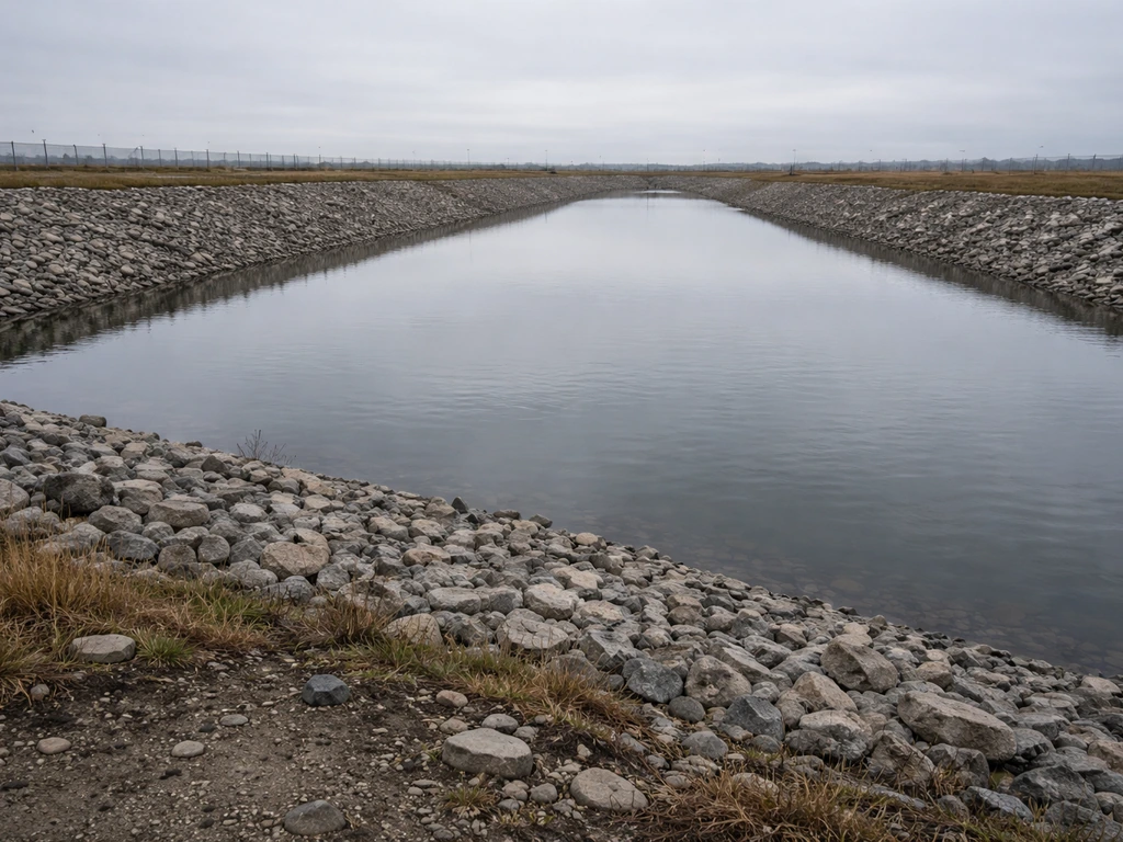 Steep riprap-lined stormwater pond at an airport, still water and rocky edges designed to deter birds.