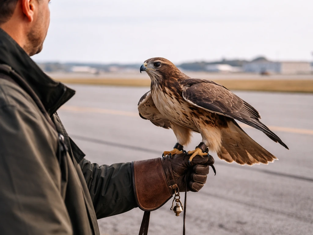Falconer in outdoor airfield setting holding a trained hawk during raptor deterrence