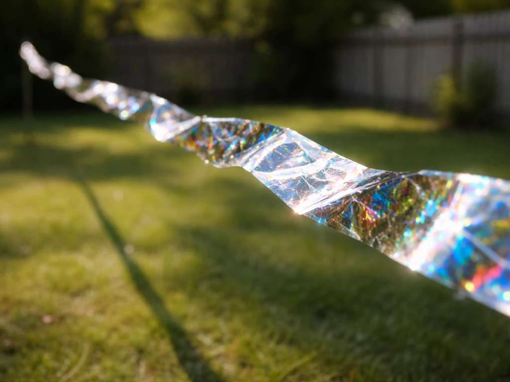 Close-up of reflective bird scare tape fluttering along a yard fence in bright sunlight.