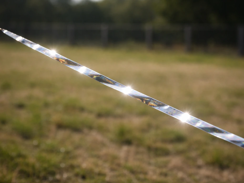Reflective bird scare tape fluttering in sunlight, showing glare along a line toward the open field