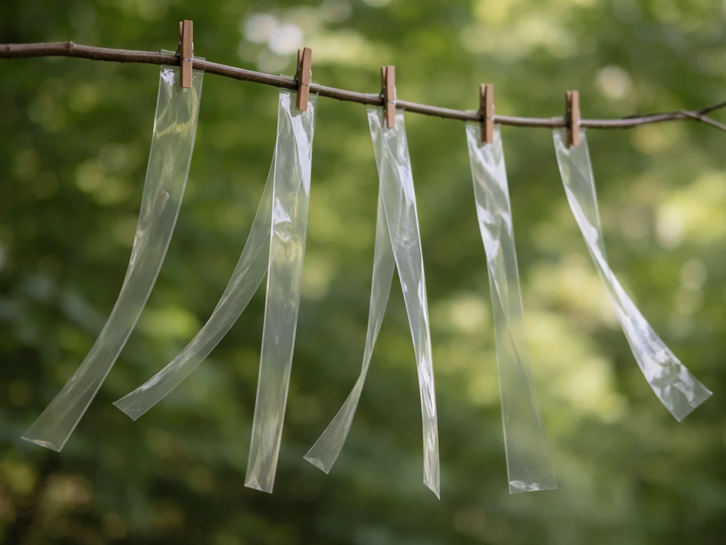 Close-up of clear tape strips cut to 2–3 feet, loosely tied for slack and flutter.