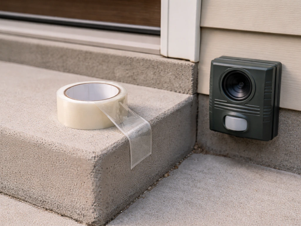 Tape on a porch edge next to a clearly visible sonic/ultrasonic deterrent unit outdoors.