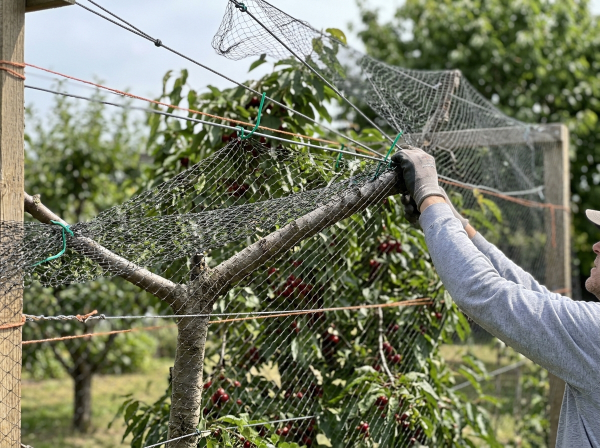 Tensioning bird netting over an orchard tree to block landing and access