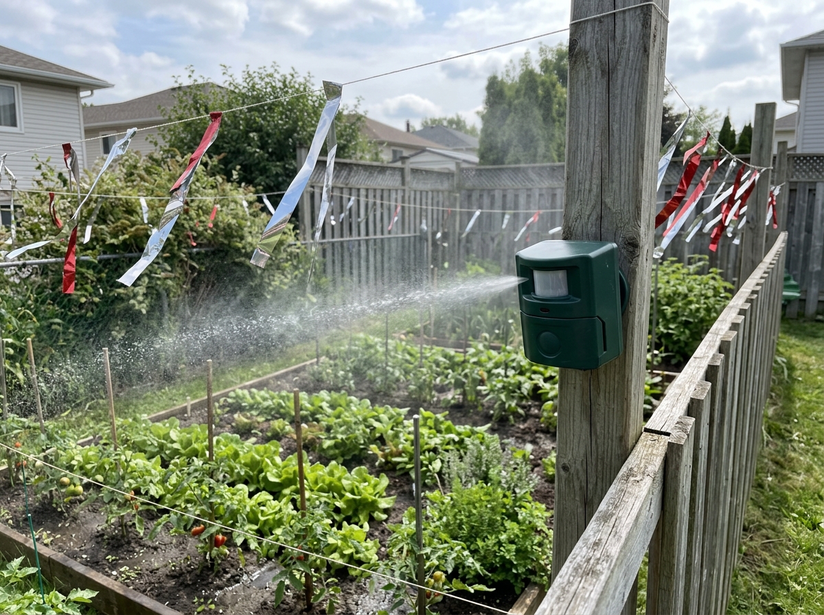 Motion-activated visual or sonic deterrent unit mounted to protect a garden area