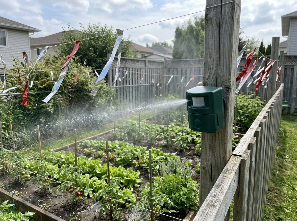 Motion-activated visual or sonic deterrent unit mounted to protect a garden area