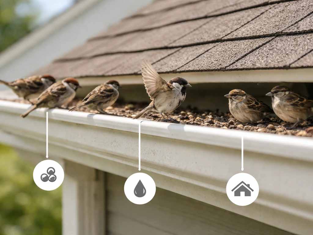 Close-up of roof edge and gutter where small birds land and roost in natural daylight.