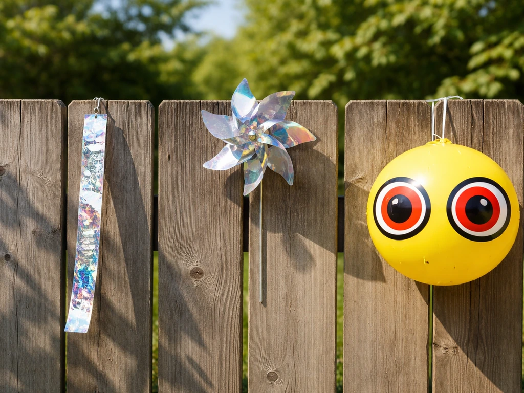 Close view of garden deterrents: reflective tape, a holographic pinwheel, and a predator-eye balloon on fences