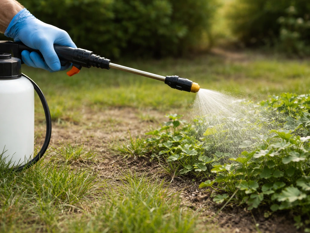 Close view of a hose-end sprayer misting garden turf and low foliage with visible spray droplets