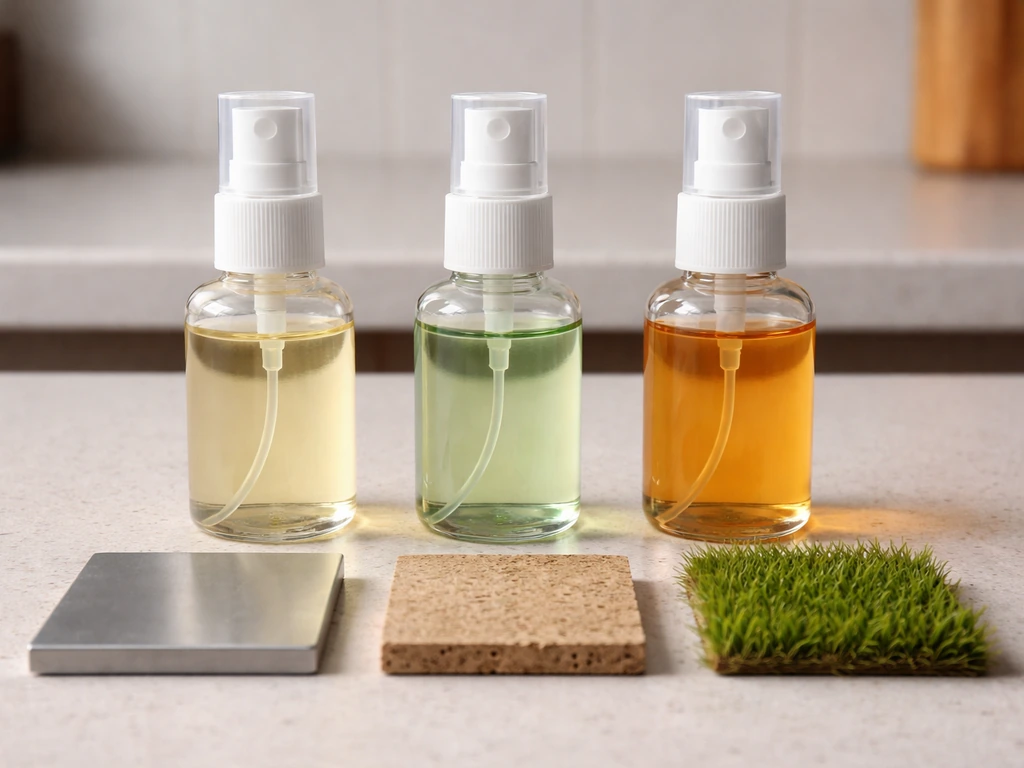 Three unlabeled repellent bottles beside surface samples of metal/stone and wood/grass.