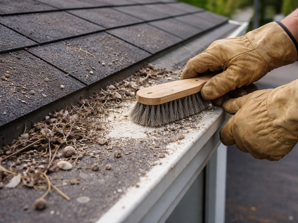 Gloved hands using a stiff brush to clean bird droppings and nesting debris from a roof ledge.