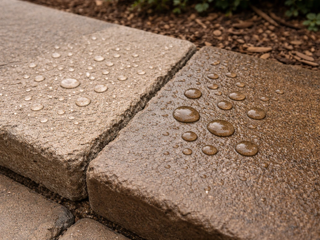 Close-up of a patio surface showing worn, rain-speckled repellent on one area and fresh residue on another.