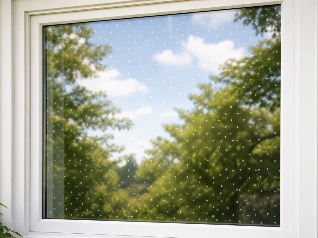 Bright window with a repeating grid of bird-safe decals visible against reflected sky and trees.