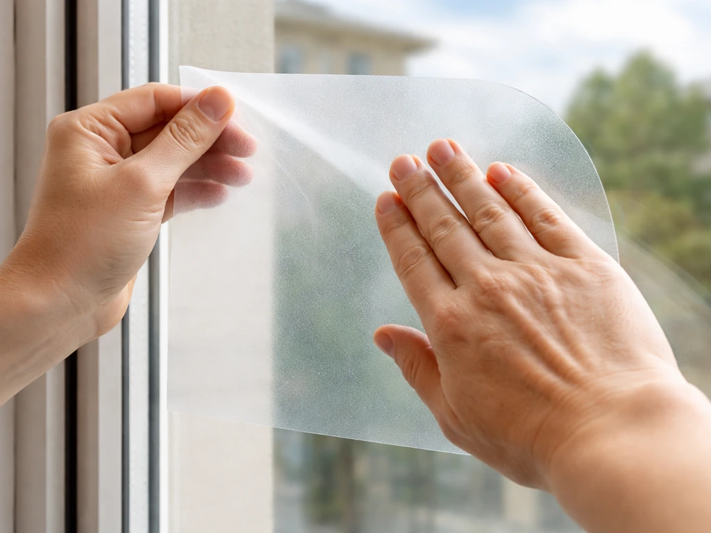 Hands smoothing a static-cling decal onto clean exterior glass, leaving no bubbles