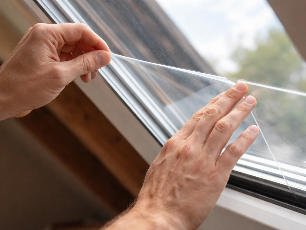 Hands aligning a window decal on a sloped skylight glass pane with a grid-spaced placement