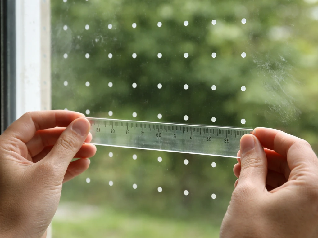 Hands use a ruler to verify spacing on a window with a clear grid of bird-safe decals.