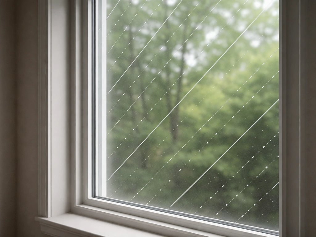 Close-up of a home window with clear bird-deterring visual patterns and reflections minimized